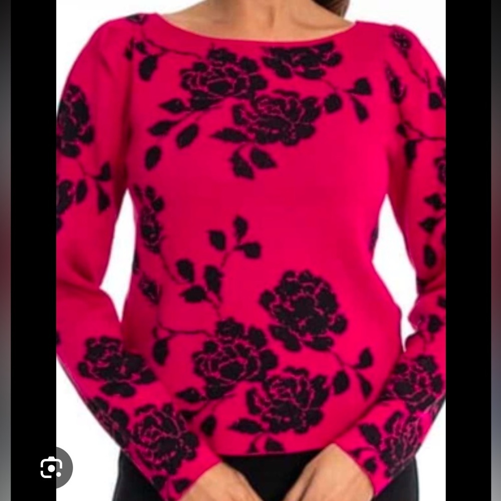 Zac & Rachel Pink‎ and Black Rose Floral Puff Sleeve Sweatshirt- XL